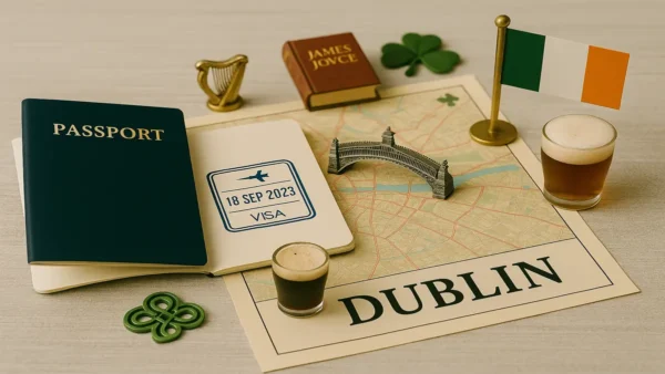 Dublin Travel Guide: 15 Essential Tips for an Unforgettable First Trip 9 A travel-themed flat lay featuring a passport, a Dublin city map, miniature Irish elements like a harp, beer glasses, shamrocks, and the Irish flag, representing a guide to visiting Dublin.