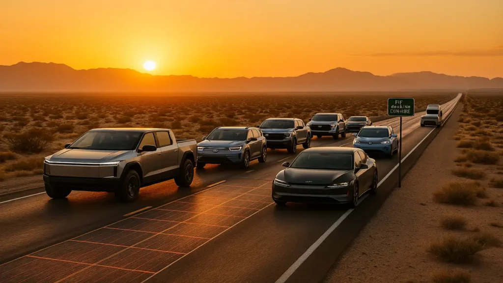 electric vehicle road trip. Tesla, Rivian, and Ford electric vehicles driving together on a U.S. highway with solar-powered charging stations along Route 66, showcasing the future of EV road trips.