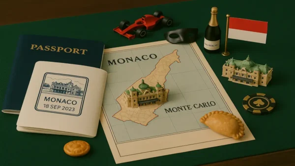Monte Carlo Travel Guide: 15 Essential Tips for a Glamorous First Trip 6 A flat lay of Monte Carlo travel essentials including a map of Monaco, miniature casino building, passport, race car, champagne bottle, and Monegasque flag, styled for a Monte Carlo travel guide