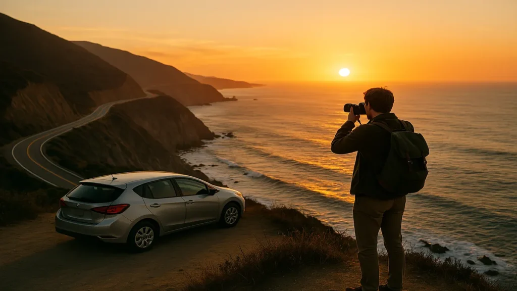 Tripstou Pacific Coast Highway Trip - solo traveler photographing sunset from cliff overlooking winding coastal highway