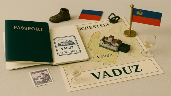 Vaduz Travel Guide: 15 Essential Tips for an Unforgettable First Visit 9 Flat lay of Vaduz travel essentials including passport, map with Vaduz Castle, Liechtenstein flag, a travel stamp, and a mini hiking boot.