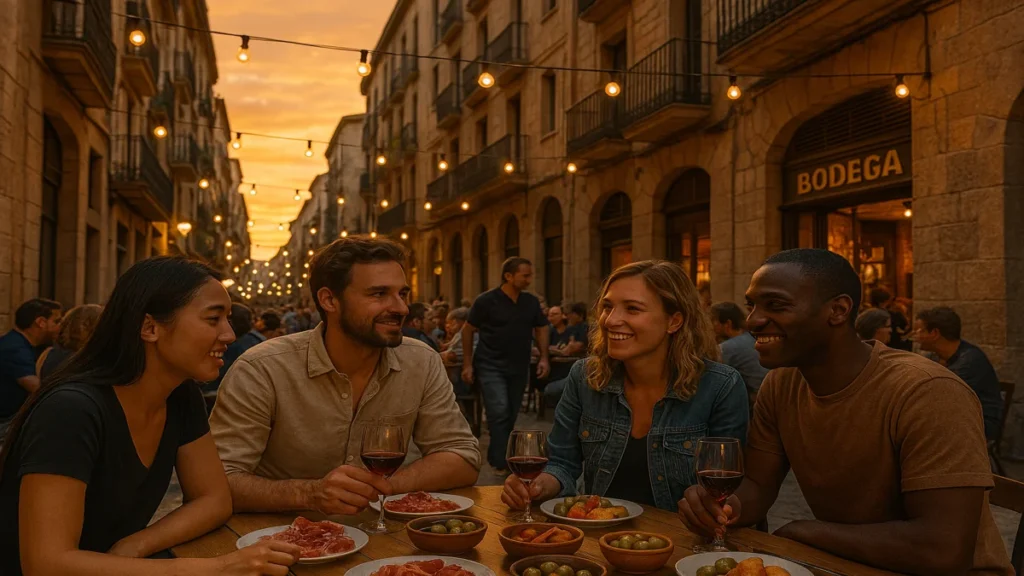 Tripstou Barcelona – vibrant tapas tour scene with locals and tourists enjoying Spanish food and wine outdoors, Best Tapas Tours 2025