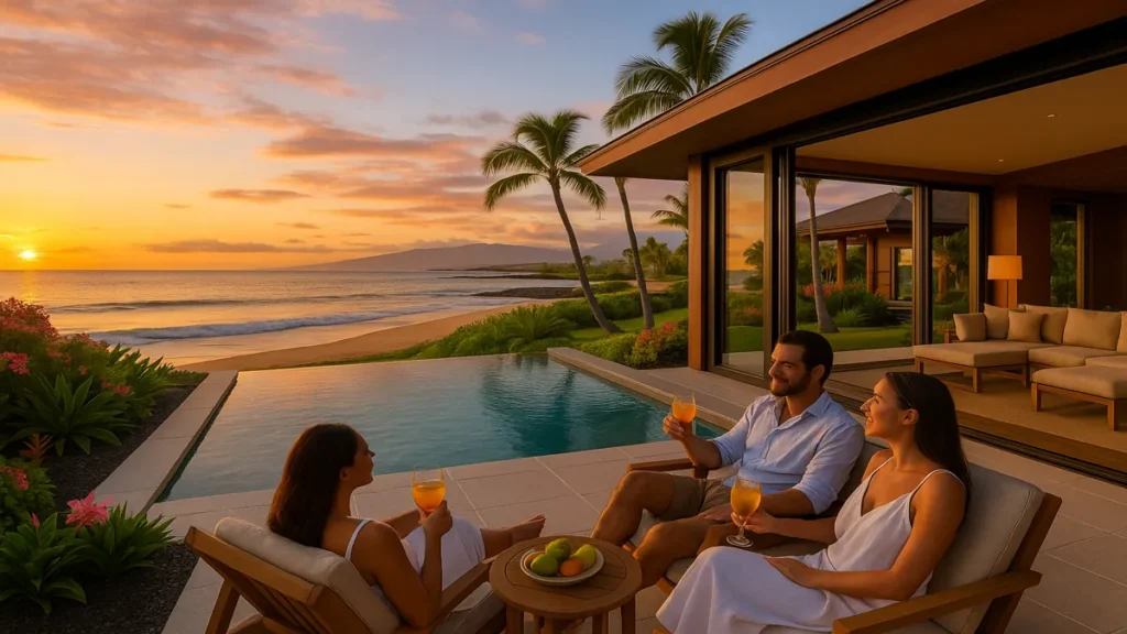 Hawaii Beachfront Resort Villas featuring a luxury oceanfront accommodation with private infinity pool overlooking the Pacific Ocean at sunset