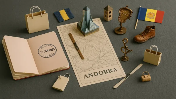 Andorra la Vella Travel Guide: 15 Essential Tips for an Unforgettable Trip 6 A flat lay travel-themed composition featuring a map of Andorra, travel miniatures, and a flag, styled for an Andorra la Vella travel guide