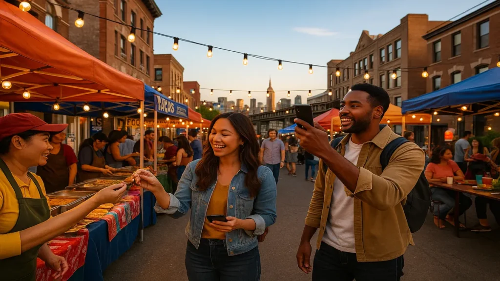 Authentic New York Experiences at a vibrant Queens night market with local food vendors and Manhattan skyline in background