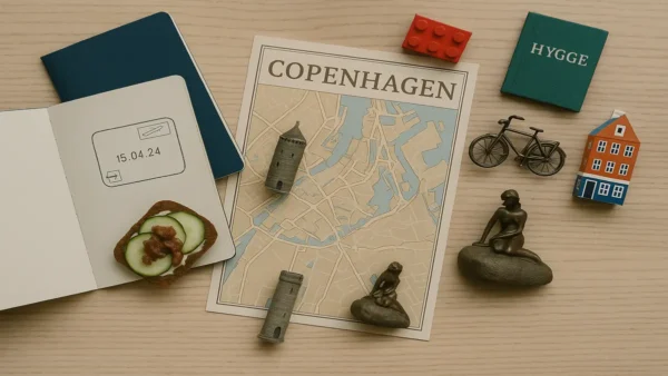 Copenhagen Travel Guide: 15 Essential Tips for an Incredible First Trip 9 Flat lay of a Copenhagen city map surrounded by travel icons including a bicycle, passport, Danish sandwich, and the Little Mermaid statue – perfect for a Copenhagen Travel Guide