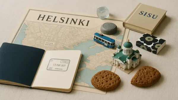 Helsinki Travel Guide: 15 Essential Tips for an Incredible First Trip 9 Flat lay of Helsinki-themed travel items including a map, cookies, miniature tram and Helsinki Cathedral model, ideal for a Helsinki Travel Guide