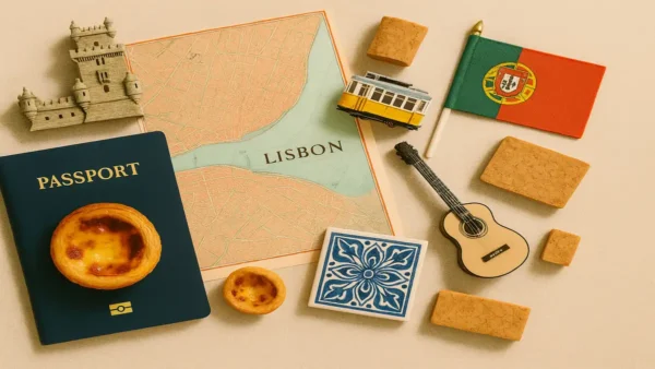 Lisbon Travel Guide: 15 Essential Tips for an Unforgettable First Trip 13 A flatlay of Lisbon travel essentials including a map, passport, pastel de nata, Portuguese flag, tram toy, and traditional tile. Lisbon Travel Guide