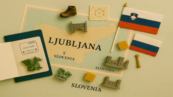 Ljubljana Travel Guide: 15 Essential Tips for an Unforgettable First Trip 9 Flat lay of a travel map centered on Ljubljana with surrounding cultural elements like dragons, castles, flags, and passport, used in a Ljubljana Travel Guide