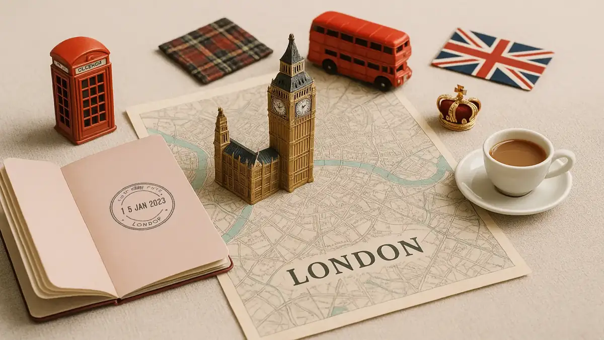 A flat lay photo of an open passport, a map of London, and miniature icons including Big Ben, a red bus, a phone booth, and a cup of tea – ideal for a London travel guide