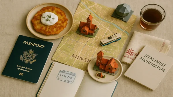 Minsk Travel Guide: 15 Essential Tips for an Incredible First Trip 9 A flat lay travel composition featuring an open passport, a map of Minsk, traditional Belarusian draniki with sour cream, and iconic landmarks, created for a Minsk travel guide.