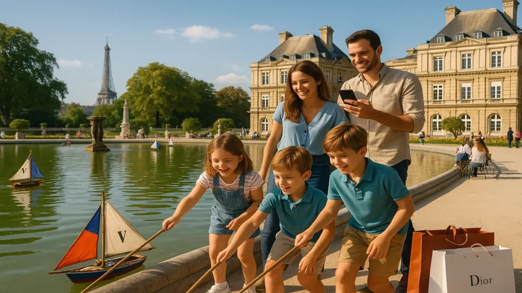 Tripstou Paris Family Travel - Family enjoying a picnic with Eiffel Tower view, children playing with toy sailboats at Luxembourg Gardens