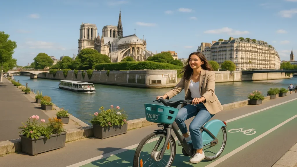 Tripstou Paris Sustainable Tourism - Woman cycling along Seine riverbank with Notre-Dame Cathedral and green urban spaces in background, showcasing Paris's eco-friendly transportation options in 2025