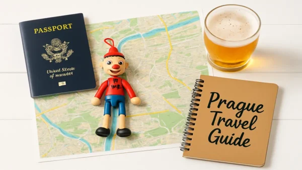 Prague Travel Guide: 15 Essential Tips for an Incredible First Trip 9 Flat lay travel image featuring a passport, city map of Prague, a notebook labeled Prague Travel Guide, a glass of beer, and a traditional Czech toy, optimized for a Prague travel guide
