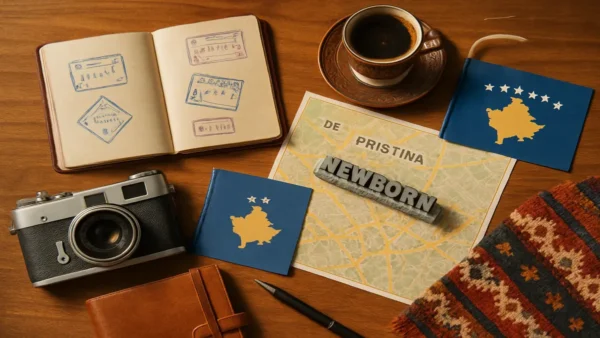 Pristina Travel Guide: 15 Essential Tips for an Incredible First Trip 9 A flat lay travel scene with a Pristina city map, passport, camera, notebook and coffee, created for a Pristina travel guide