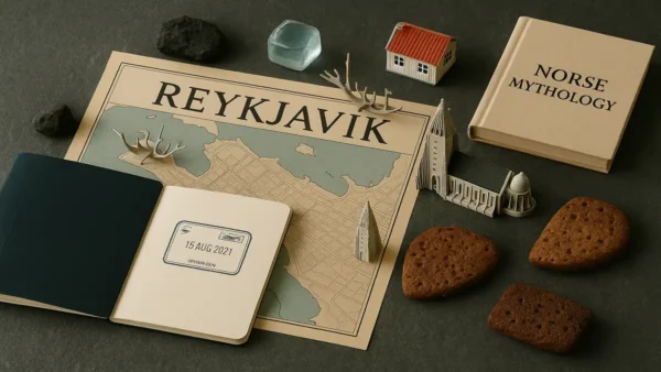 Reykjavik Travel Guide: 15 Essential Tips for an Incredible First Trip 9 A flat lay featuring a vintage map of Reykjavik, travel notebooks, Hallgrímskirkja model, Norse mythology book, volcanic rocks, and Icelandic cookies – ideal for a Reykjavik Travel Guide