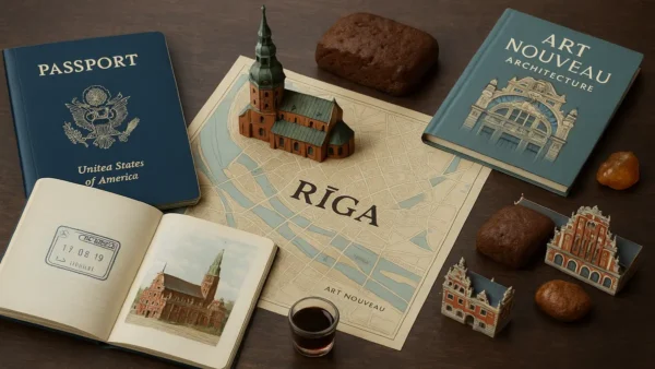Riga Travel Guide: 15 Essential Tips for an Incredible First Trip 9 Flat lay of Riga travel elements including a detailed city map, miniatures of historical landmarks, a US passport, and Art Nouveau architecture book – perfect for a Riga Travel Guide