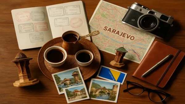 Sarajevo Travel Guide: 15 Essential Tips for an Incredible First Trip 9 A travel flat lay featuring Bosnian coffee, a map of Sarajevo, postcards, a camera, and cultural symbols, created for a Sarajevo travel guide.