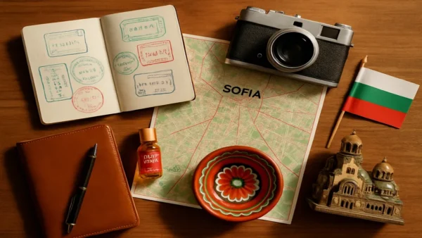 Sofia Travel Guide: 15 Essential Tips for an Incredible First Trip 9 A flat lay of a travel journal, map of Sofia, Bulgarian flag, camera, and cultural items, created for a Sofia travel guide.