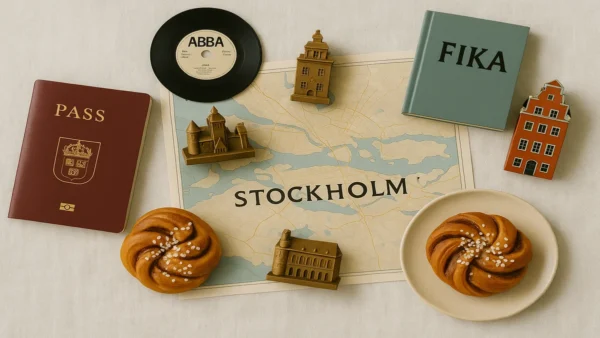 Stockholm Travel Guide: 15 Essential Tips for an Incredible First Trip 9 A flat lay travel composition featuring an open passport, a map of Stockholm, Swedish kanelbulle pastries, and cultural elements representing a Stockholm travel guide