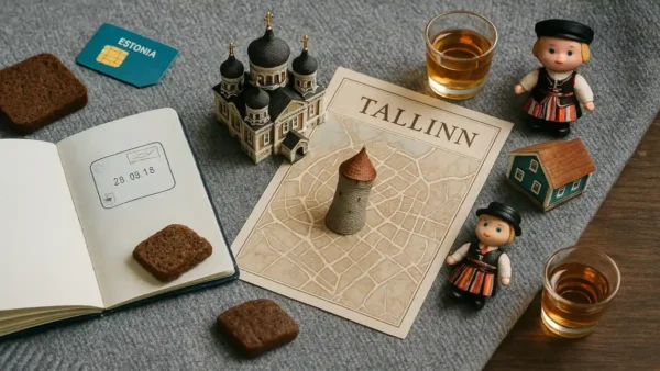 Tallinn Travel Guide: 15 Essential Tips for an Incredible First Trip 9 Flatlay image featuring a Tallinn city map, Estonian passport card, traditional Estonian dolls, a glass of local drink, a cathedral model, and brown bread – perfect for a Tallinn Travel Guide.