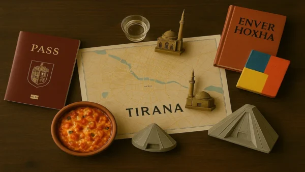 Tirana Travel Guide: 15 Essential Tips for an Incredible First Trip 10 A flat lay travel composition featuring an open passport, a map of Tirana, traditional Albanian fërgesë, and cultural landmarks representing a Tirana travel guide