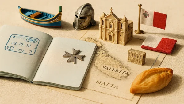 Valletta Travel Guide: 15 Essential Tips for an Unforgettable First Trip 9 A flat lay of Valletta travel essentials including a visa-stamped passport, Maltese cross, luzzu boat, pastizz, cathedral model, and a historical map of Malta. Valletta Travel Guide