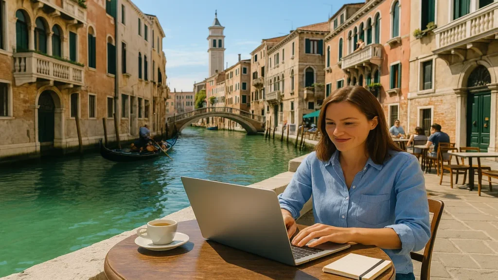Tripstou Venice Digital Nomad Guide 2025 - Remote worker with laptop at canal-side café in Venice with gondolas passing by and historic buildings in background