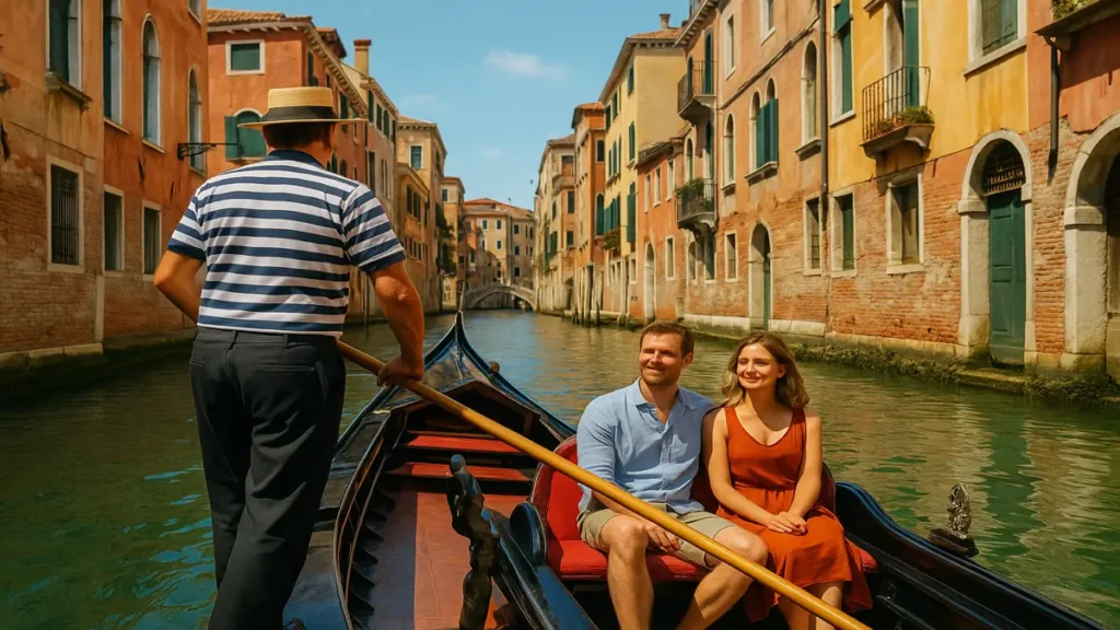 Tripstou venice canals – gondolier steering a traditional gondola through sunlit canals, highlighting venice gondola rides 2025