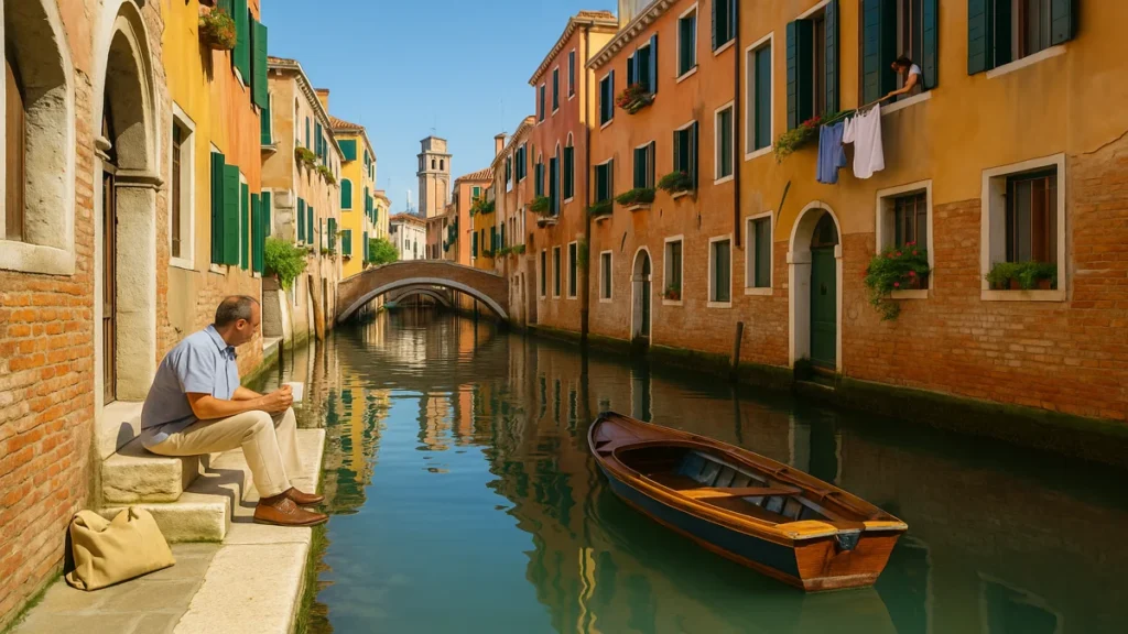 Venice Canals - Narrow hidden canal in Venice with traditional buildings, small wooden bridge, and local resident enjoying morning coffee, showing authentic Venetian neighborhood