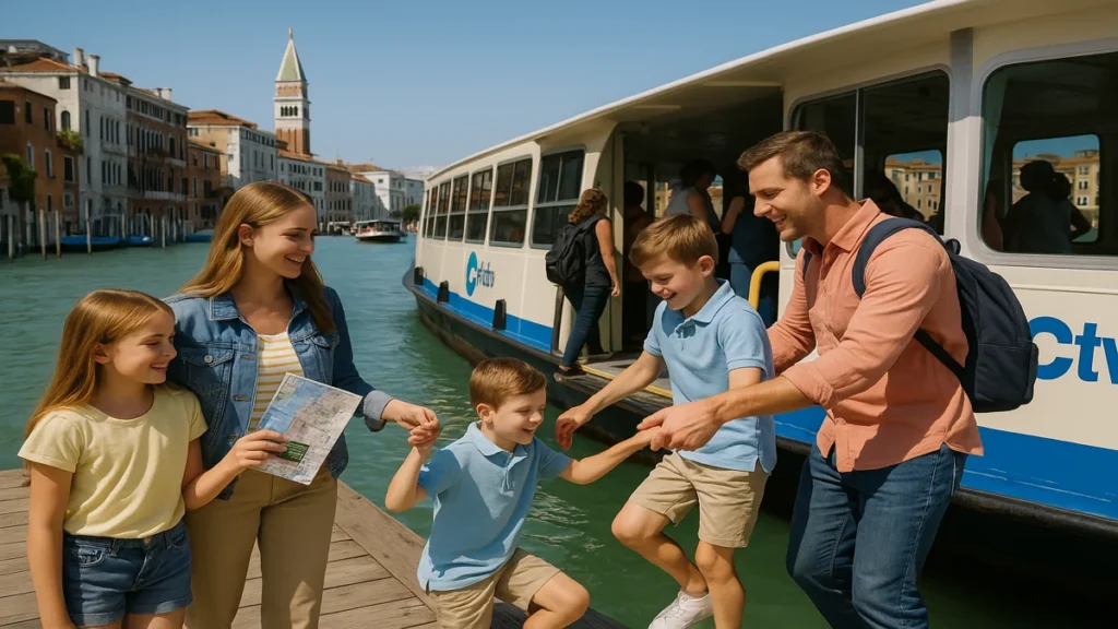 Tripstou Venice Transportation Guide - Family of four boarding a vaporetto water bus on the Grand Canal with St. Mark's Campanile visible in background