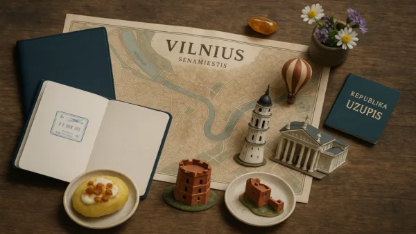 A flat lay photo featuring a vintage Vilnius map, an open passport with a travel stamp, miniature landmarks like Gediminas Tower and Vilnius Cathedral, a hot air balloon figurine, cepelinai dish, and Užupis booklet – perfect for a Vilnius travel guide.