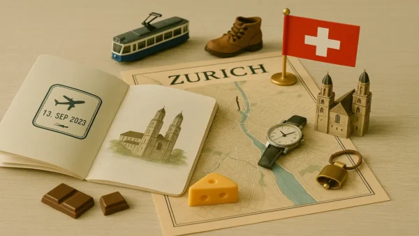 Travel to Zurich, Switzerland: First-Time Guide to Costs, Transport, Where to Stay & Things to Do 9 Flat lay Zurich travel guide with city map, Swiss flag, tram, passport stamp, chocolate, cheese and Grossmünster.