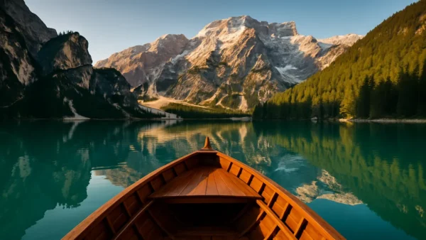 tripstou.com 1 Serene alpine lake with wooden boat and snow-capped mountains, perfect travel destination