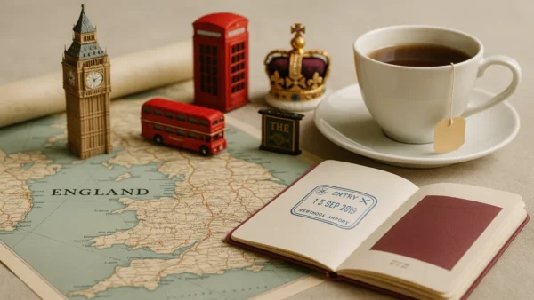 England Travel Guide: 15 Essential Tips for an Unforgettable First Trip 9 Flat lay of an open passport and vintage map of England surrounded by iconic British travel symbols
