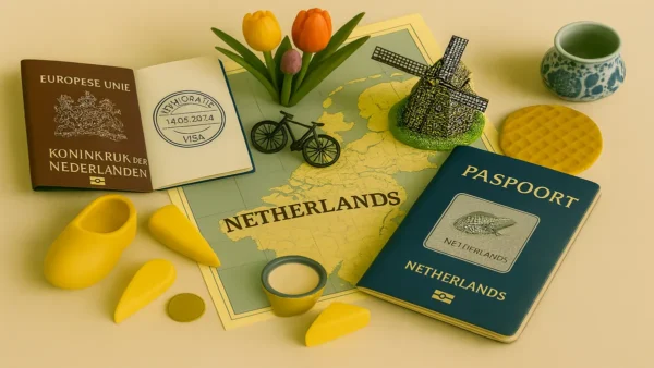 Netherlands Travel Guide: 15 Essential Tips for an Unforgettable First Trip 7 Flat lay of Dutch travel essentials including passport, wooden clog, and Gouda cheese for Netherlands Travel Guide
