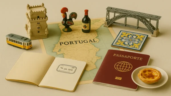 Portugal Travel Guide: 15 Essential Tips for an Unforgettable First Trip 9 Flat lay of Portugal travel essentials with a passport, map, landmarks, and Pastel de Nata. Explore our Portugal Travel Guide