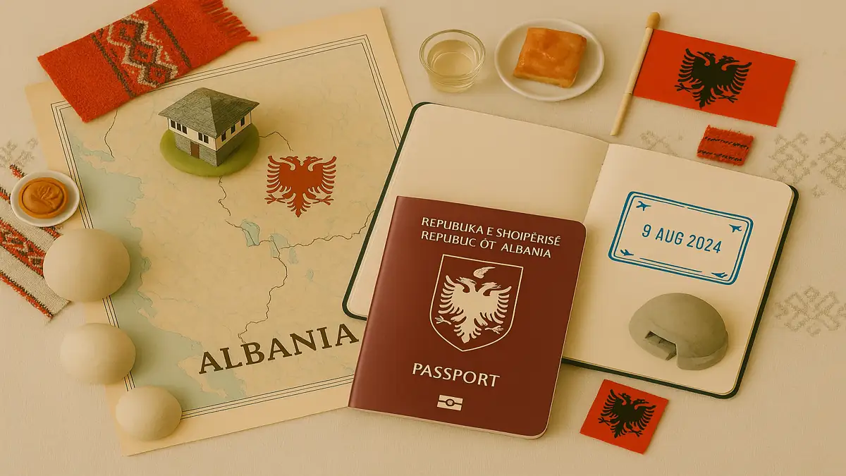 A flat lay photo showing an Albanian passport, a vintage map of Albania, and miniature cultural items like a qeleshe hat, concrete bunker, byrek pastry, Raki, and a traditional house model.