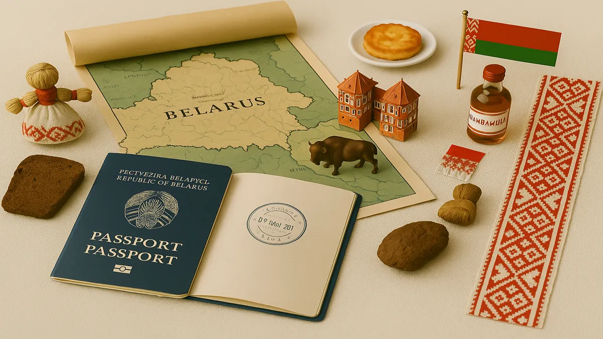 Flat lay with a Belarusian passport, travel map, and miniature cultural items representing Belarusian identity