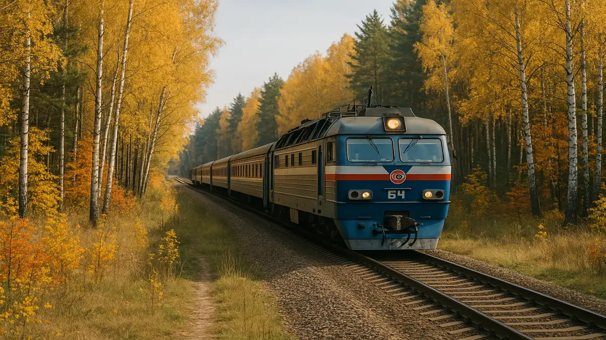 Belarus Travel Guide 2025: Essential Tips for an Unforgettable First Trip 4 A Belarusian Railways train gliding through a golden autumn forest, showcasing scenic travel options in Belarus