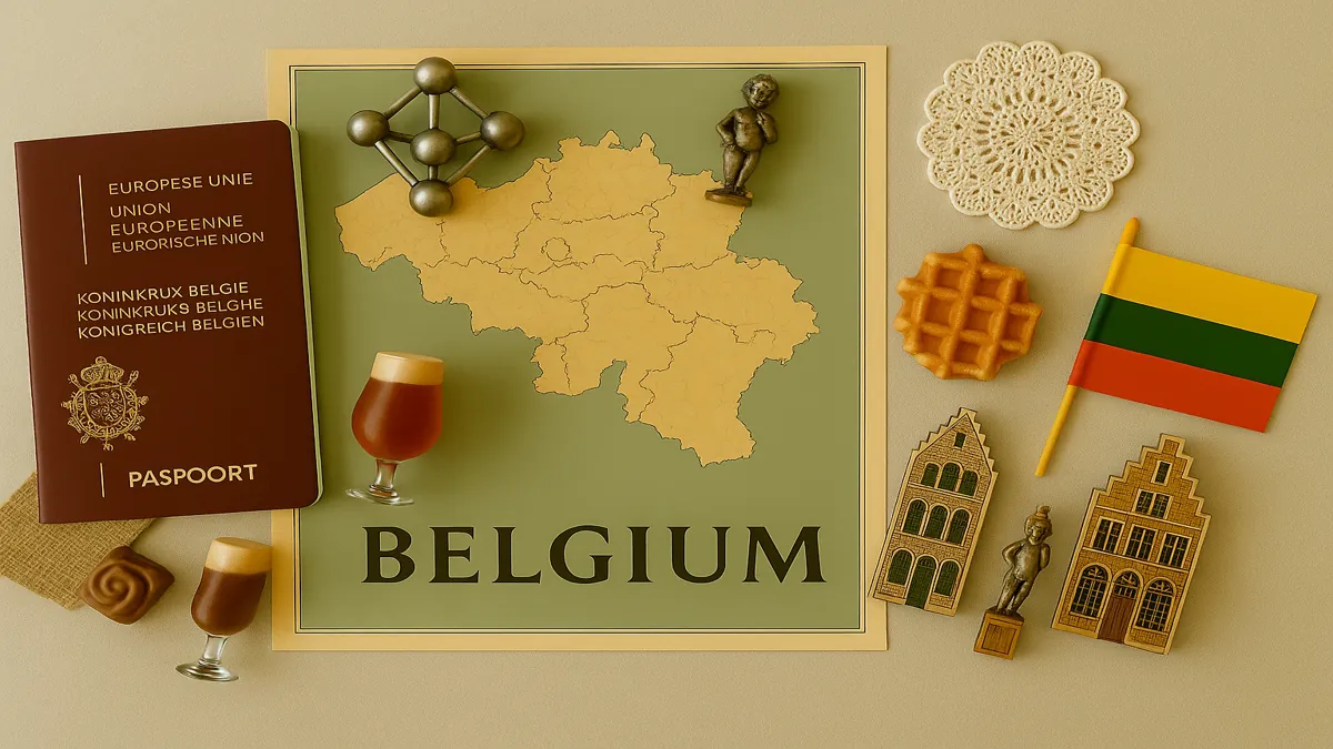 Flat lay of Belgian travel elements including a passport, map, chocolate, beer, waffle, and cultural icons – Belgium Travel Guide
