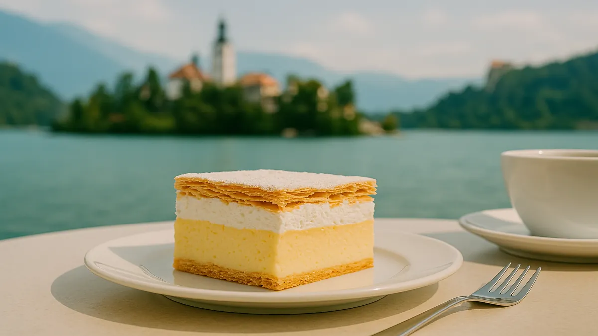 Slovenia Travel Guide 2025: Essential Tips for an Unforgettable First Trip 5 A slice of traditional Bled Cream Cake (kremšnita) on a plate with Lake Bled and its island church in the background in Slovenia