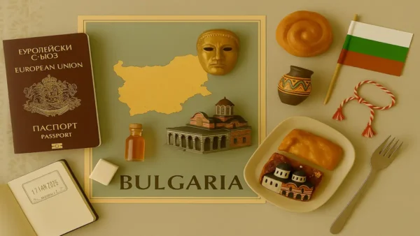 Bulgaria Travel Guide: 15 Essential Tips for an Unforgettable First Trip 9 Flat lay image showing a Bulgarian passport, traditional food, cultural symbols like Rila Monastery and Thracian mask, and a map of Bulgaria – Bulgaria Travel Guide