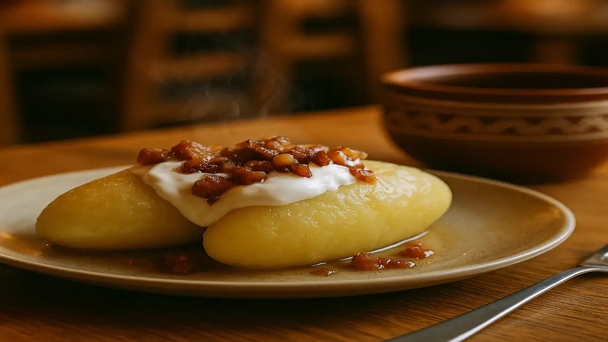 Lithuania Travel Guide 2025: Essential Tips for an Unforgettable First Trip 5 Traditional Lithuanian Cepelinai served with sour cream and bacon bits in a rustic restaurant setting – Lithuania Travel Guide