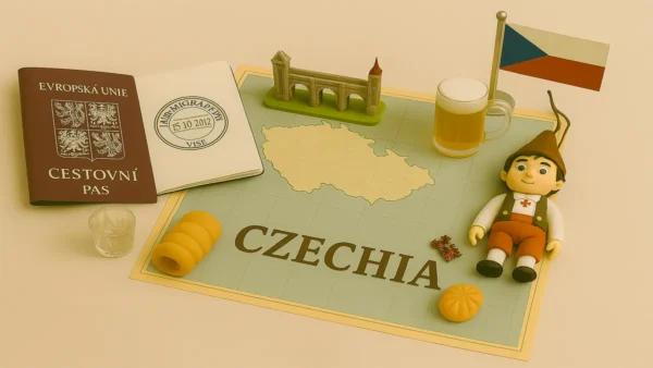 A flat lay image showing a Czech passport, map of Czechia, miniature Charles Bridge, beer mug, marionette, and cultural elements – ideal visual for a Czechia travel guide