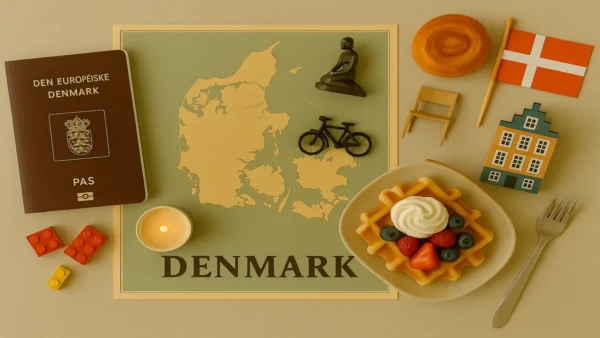 Denmark Travel Guide: 15 Essential Tips for an Unforgettable First Trip 9 Flat lay of Denmark travel essentials including a Danish passport, map, LEGO bricks, candle, waffle with berries, and miniature cultural icons – Denmark Travel Guide