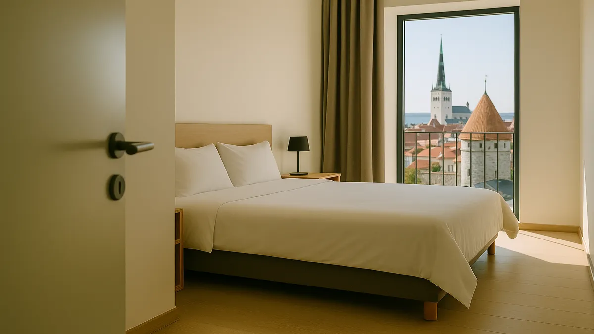 Estonia Travel Guide 2025: Essential Tips for an Unforgettable First Trip 3 Modern hotel room in Tallinn with view of Old Town rooftops and church spire – Estonia Travel Guide
