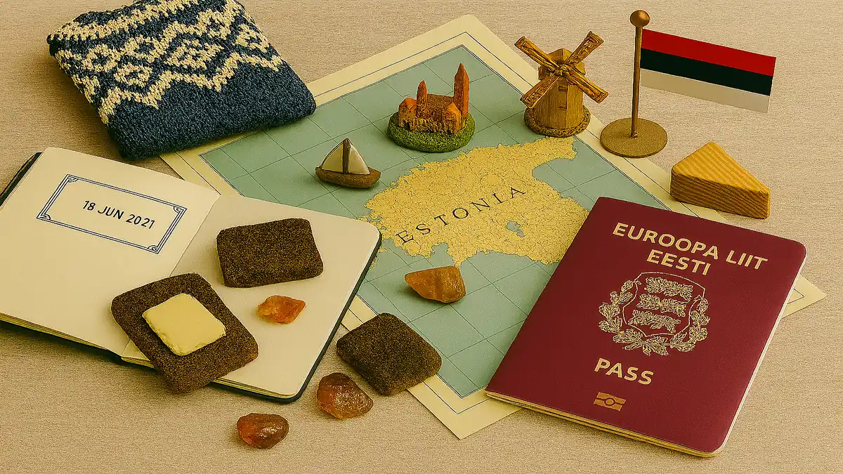 Flat lay of Estonian travel items including a maroon passport, vintage map, black rye bread, amber, and cultural miniatures – Estonia Travel Guide