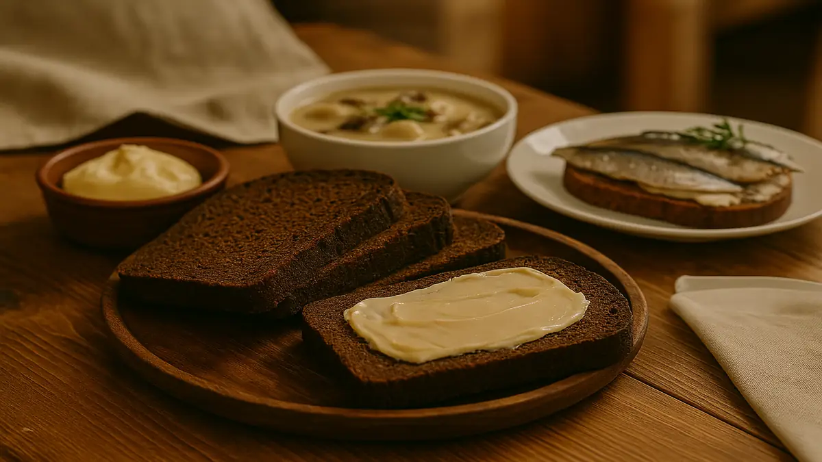 Estonia Travel Guide 2025: Essential Tips for an Unforgettable First Trip 5 Slices of Estonian black rye bread served with butter, mushroom soup, and sprat sandwich on a rustic wooden table – Estonia Travel Guide
