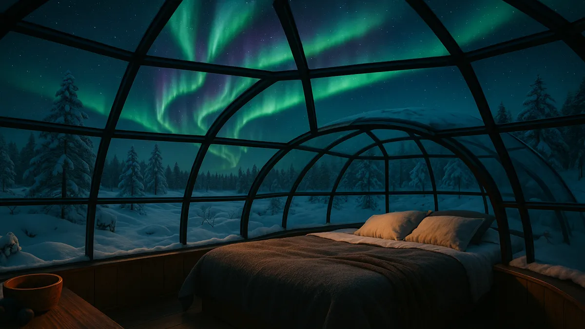 Finland Travel Guide 2025: Essential Tips for a Magical Arctic Adventure 3 Glass igloo in Finnish Lapland under the Northern Lights with cozy interior – Arctic travel inspiration. Finland Travel Guide